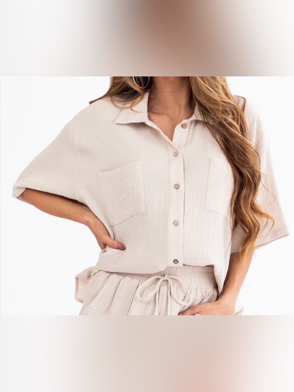 She+Sky Natural Chest Pocket Half Sleeve Shirt Size Large NWT